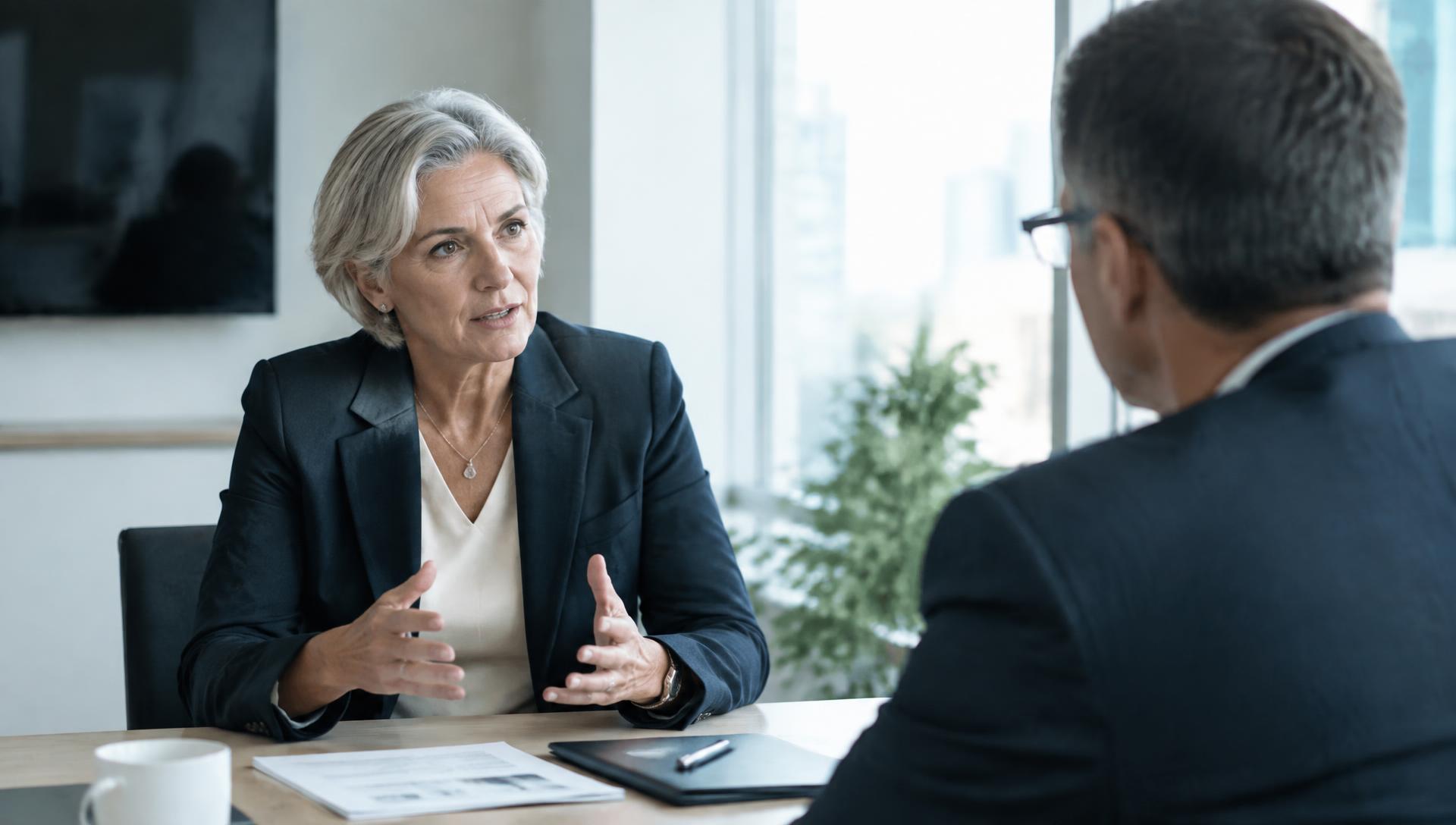Two professionals in a confidential workplace conversation